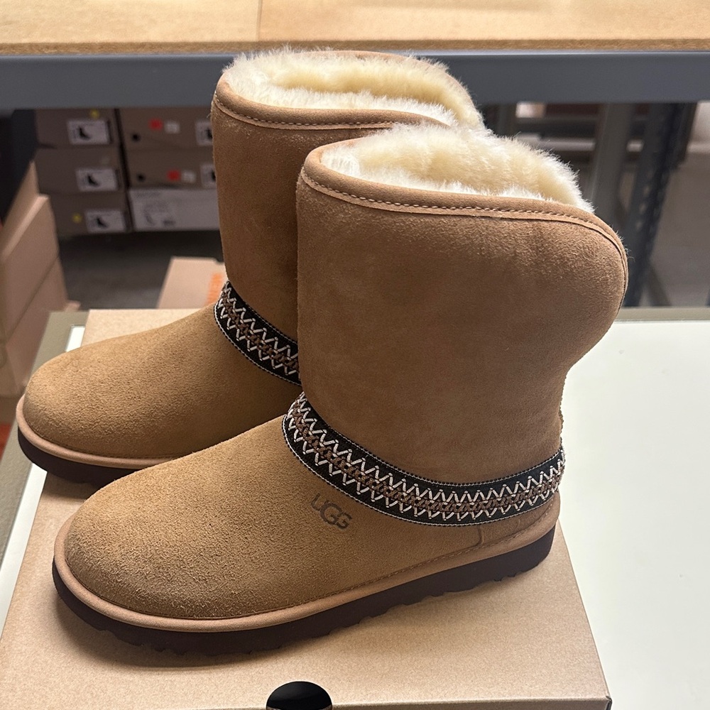 UGG Women’s Classic Short Crescent Chestnut Suede Boots with Shearling Lining - Picture 9 of 13